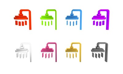 Colorful Shower head with water drops flowing icon isolated on white background. Minimalism concept. 3D render illustration