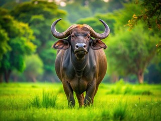 Naklejka premium A mighty Indian buffalo stands tall in a lush green field, exuding strength and majesty as it commands the surrounding landscape.