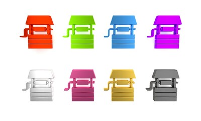 Colorful Well with a bucket and drinking water icon isolated on white background. Minimalism concept. 3D render illustration