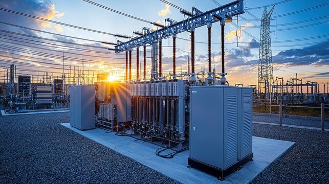 Electric power substation at sunset with industrial equipment