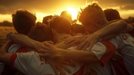 Team of Young Players Celebrating Together at Sunset After a Game