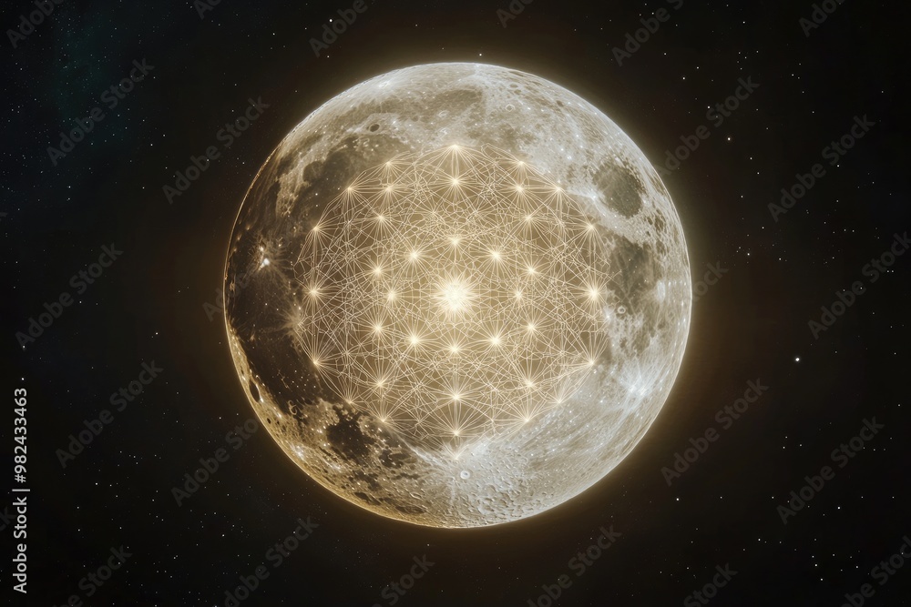 Wall mural a large full moon with intricate sacred geometry patterns within its glow