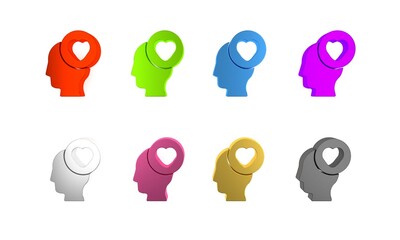 Colorful Human head with heart icon isolated on white background. Love concept with human head. Minimalism concept. 3D render illustration