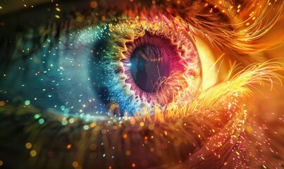 A detailed view of a multicolored iris with futuristic light effects and vibrant details.