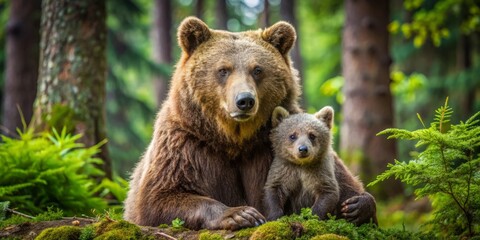 Fototapeta premium A loving mother bear cuddles her precious cub in a secluded woodland clearing, exuding a sense of quiet