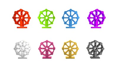 Colorful Ferris wheel icon isolated on white background. Amusement park. Childrens entertainment playground, recreation park. Minimalism concept. 3D render illustration