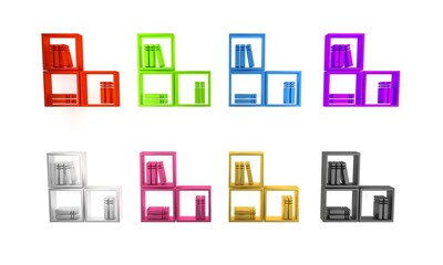 Colorful Shelf with books icon isolated on white background. Shelves sign. Minimalism concept. 3D render illustration
