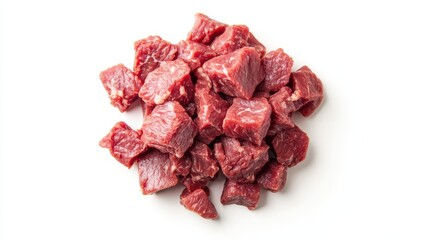 Obraz premium Beef stew meat, raw, piled in the center of a white background.