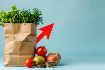 Grocery bag on empty blue background and arrow up. Concept of inflation and rising food prices. Copy space