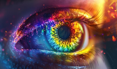 A detailed view of a multicolored iris with futuristic light effects and vibrant details.