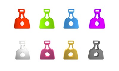 Colorful Tequila bottle icon isolated on white background. Mexican alcohol drink. Minimalism concept. 3D render illustration