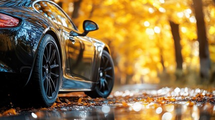 Black glossy car driving through yellow autumn forest with golden foliage detailing and waxing services