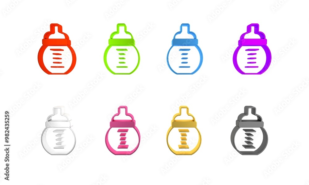 Wall mural Colorful Baby milk in a bottle icon isolated on white background. Feeding bottle icon. Minimalism concept. 3D render illustration