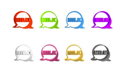 Fototapeta premium Colorful Lettering milk icon isolated on white background. Hand written design for label, brand, badge. Minimalism concept. 3D render illustration