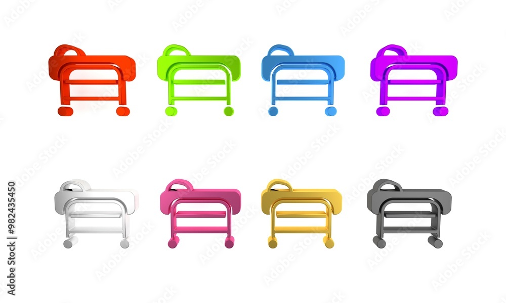 Sticker Colorful Stretcher icon isolated on white background. Patient hospital medical stretcher. Minimalism concept. 3D render illustration