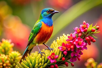 A radiant jilguero bird adorns a vibrant flowered plant, its plumage a kaleidoscope of colors against a lush backdrop of verdant foliage and bright blooms.
