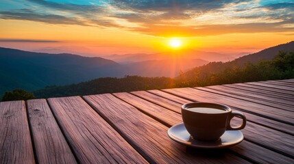 Hot coffee cup on a wooden deck, with mountains and a vibrant sunrise casting warm light across the scene.
