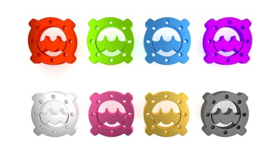 Fototapeta premium Colorful Ship porthole with rivets and seascape outside icon isolated on white background. Minimalism concept. 3D render illustration