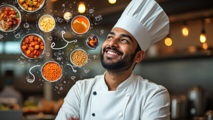A cheerful chef stands in a bustling kitchen, contemplating the various spices and ingredients displayed around him, showcasing his passion for cooking and creativity