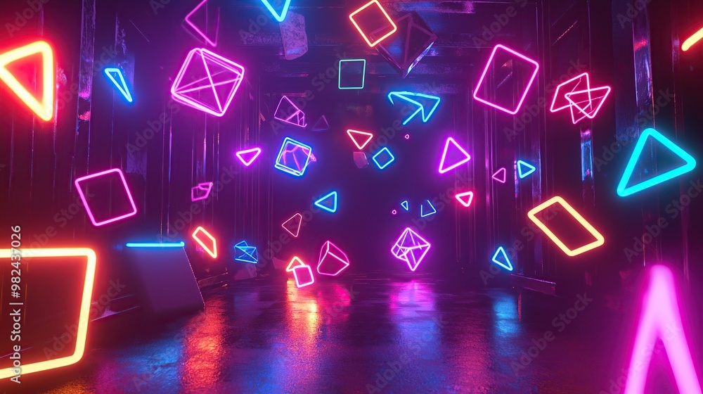 Aufkleber neon lights in the shape of geometric figures create an abstract and futuristic setting in a dark ro