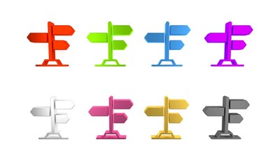 Colorful Road traffic sign. Signpost icon isolated on white background. Pointer symbol. Street information sign. Direction sign. Minimalism concept. 3D render illustration