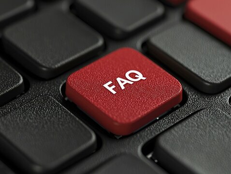 3D rendering a striking image of a keyboard featuring a standout red FAQ button surrounded by standard black keys, symbolizing the urgency and importance of finding answers quickly.