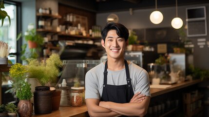 Fototapeta premium A young male asian cafe owner stand in front of counter
