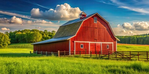 A rustic red pole barn stands out against a bright blue sky, surrounded by lush green grass swaying gently in the warm sun's rays.