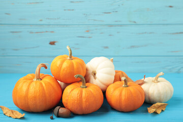 Festive autumn decor from pumpkins and leaves on blue wooden background. Concept of Thanksgiving day or Halloween.