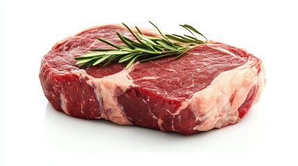 Fototapeta premium Close-up of a beef ribeye steak, raw and ready to cook, isolated on a white background.