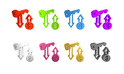 Colorful Rent key icon isolated on white background. The concept of the house turnkey. Minimalism concept. 3D render illustration