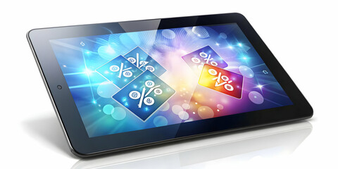 Glossy Tablet with Holographic Business & Coupon Symbols on White Background - Ideal for Digital Marketing Promotions & Campaigns