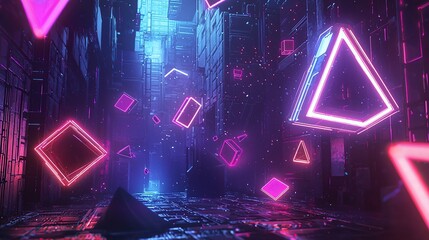 Futuristic neon city with glowing shapes.
