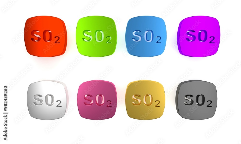 Sticker Colorful Sulfur dioxide SO2 gas molecule icon isolated on white background. Structural chemical formula and molecule model. Minimalism concept. 3D render illustration