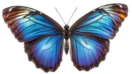 Fototapeta premium Colorful image of a blue morpho butterfly with wings fully spread, delicate veins visible, against a white background