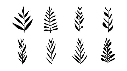 Hand drawn simple twigs silhouette. Doodle illustration forest branches and leaves.