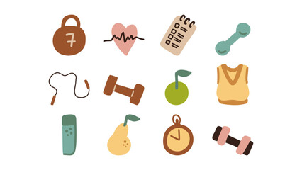 Fitness doodle clipart set. Hand drawn sportswear, dumbbell, jump rope, heart graph, timer and more