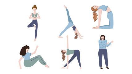 Yoga and fitness poses. Young women characters practicing on yoga mat. Flat color illustrations