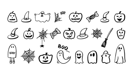 Cute Halloween collection with ghost, pumpkin and spooky doodle clipart. Hand drawn illustration.