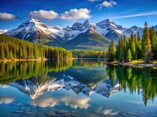 Fototapeta premium A serene mountain lake mirrors the snow-dusted peaks and evergreen forests, surrounded by the tranquil solitude of Western Montana's wilderness.