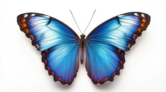 Colorful image of a blue morpho butterfly with wings fully spread, delicate veins visible, against a white background