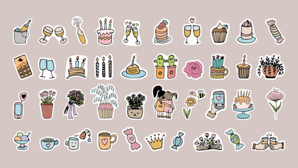 Celebration friendship color sticker set. Party doodle clipart with birthday cake, drinks and flower