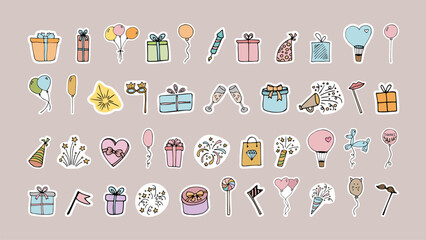 Hand drawn party time sticker doodle set with fireworks, confetti, cake, gift and decoration