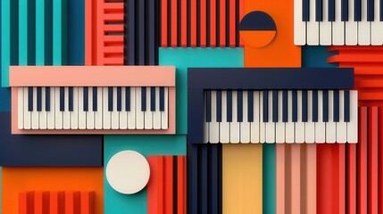 Harmonic Geometry, a vibrant interplay of 3D shapes creating a visual symphony, blending colors and forms in a captivating digital abstract art piece.