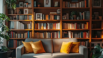 Modern bookshelf with neatly arranged books and stylish accents