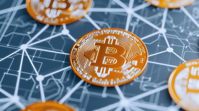 Digital Bitcoin Grid, a vibrant digital landscape filled with Bitcoin symbols and strategic exchange connections, ideal for showcasing promotional content and innovative ideas.