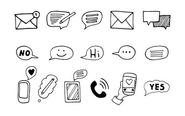 Hand drawn doodle phone, message, chat bubble. Social media communication icons