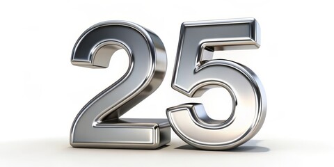 A sleek metallic silver number 25 renders a 3D effect, showcasing its luminous facets on a pristine white