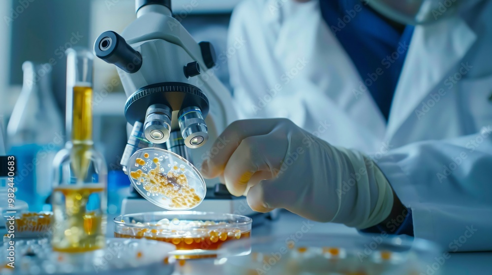 Wall mural Scientist in lab coat examining microscope with bacteria samples in petri dish, symbolizing disease investigation and medical research.