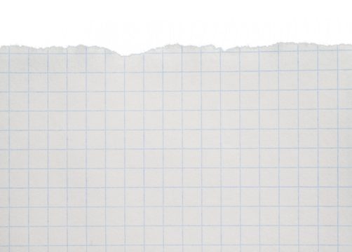 Classic Exercise book paper with torn edges, checkered notebook isolated on a transparent background.